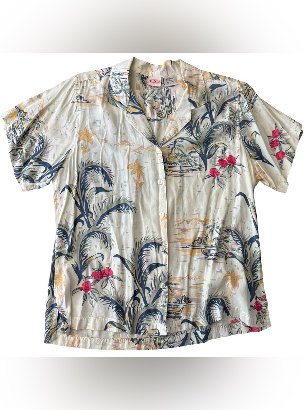 Vintage Ocean Pacific OP Hawaiian Rayon Camp Shirt Womens Large Tropical Floral